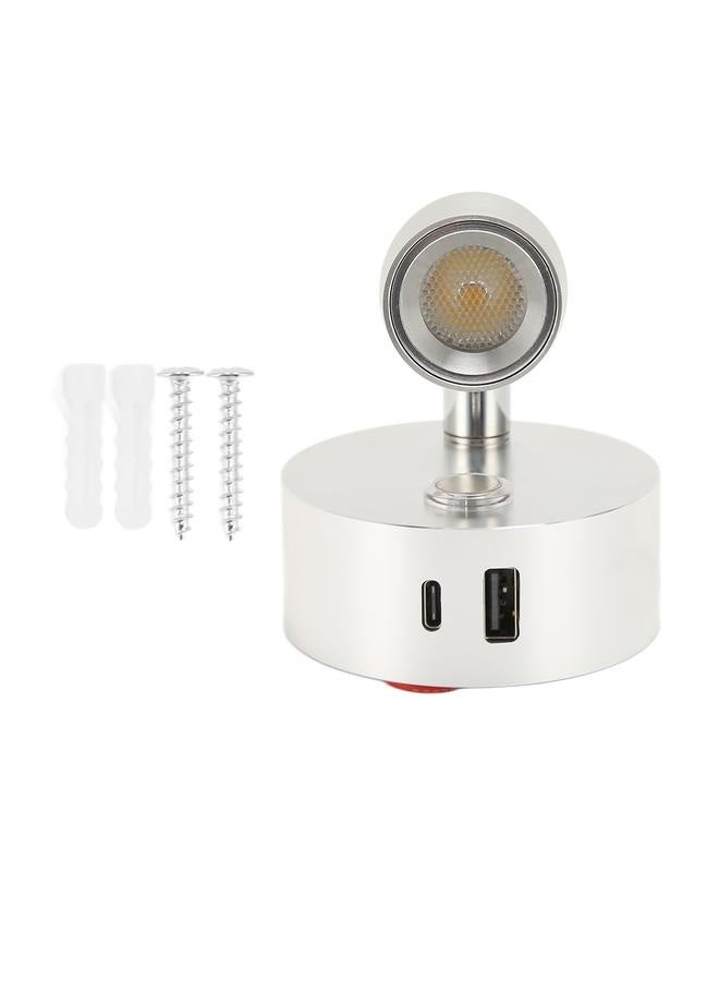 RV Reading Light with USB Type C Port Blue Nightlight 3 Color Dimming Boat Reading Lamp Polished Surface Touch Switch DC12‑24V Silver - Image 1